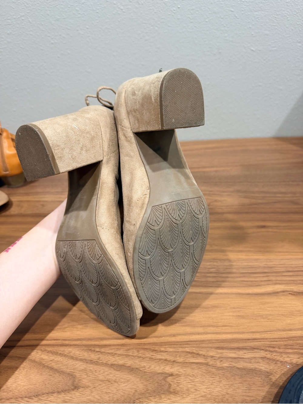 BKE Tan Suede Peep-Toe Zip Ankle Booties - Picture 4 of 6